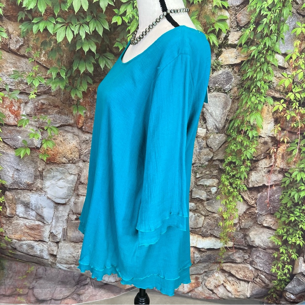 NWT SOFT SURROUNDINGS Scoop Neck 3/4 Sleeve Peacock Green Gauze Layered Blouse M - Picture 11 of 12